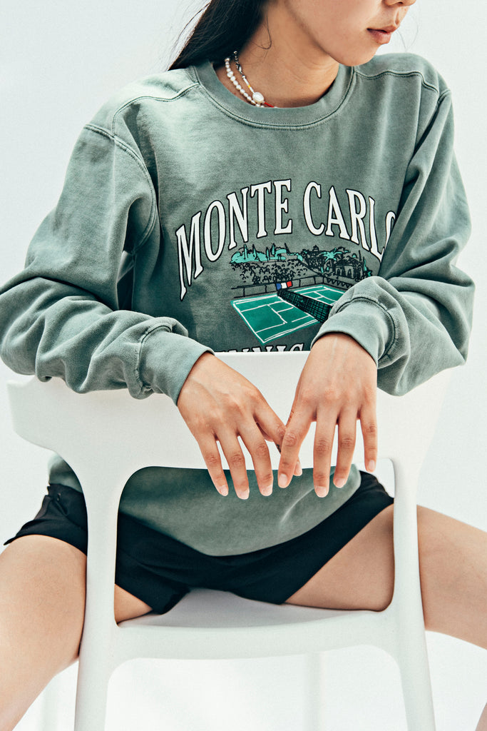 Model wearing, Street style inspo, Monte Carlo Tennis Club Crewneck | Summer Sweats Vintage crewneck -Monte Carlo Tennis Club sweatshirt in washed out green. A perfect sweatshirt to throw over for Summer nights at the beach. Shop more trending fits and lifestyle items including Summer head accessories and aesthetic coffee mugs to add to your home!